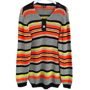 Mark Alan NWT Colorful Orange & Yellow Stripe‎ Crochet Knit Long Sleeve Sweater